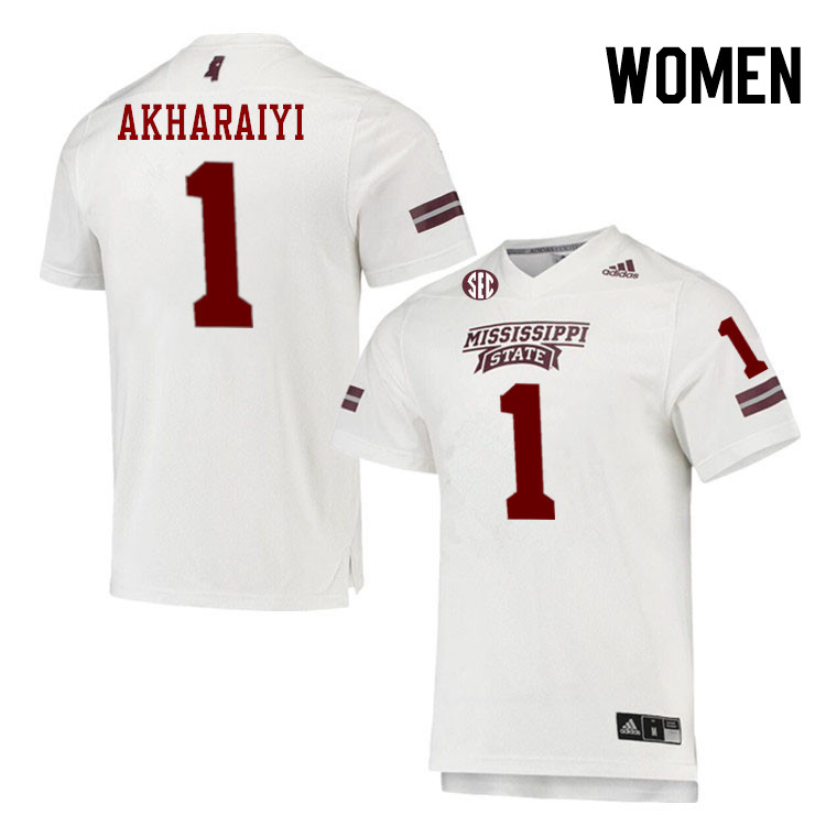 Women #1 Kelly Akharaiyi Mississippi State Bulldogs College Football Jerseys Stitched-White